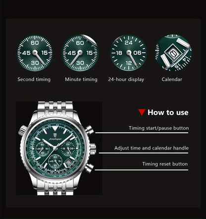 POEDAGAR Luxury Men's Quartz Watch -, Luminous Chronograph with Date Function, Stainless Steel Band & Zinc Alloy Case