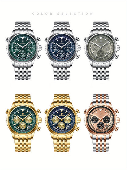 POEDAGAR Luxury Men's Quartz Watch -, Luminous Chronograph with Date Function, Stainless Steel Band & Zinc Alloy Case