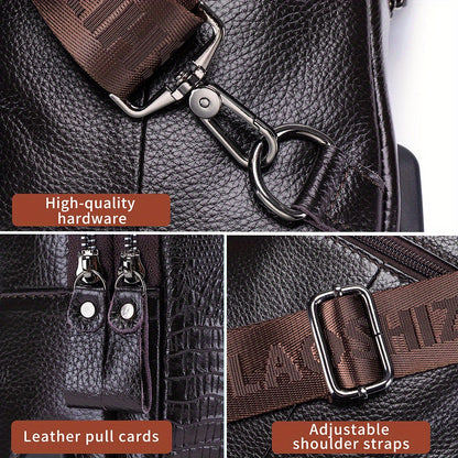 Men's Genuine Leather Crossbody Chest Bag, Top Layer Cowhide Genuine Leather Sling Bag, Large Capacity Double-Layer Chest Bag Shoulder Bag, Perfect for Valentine's Day, Teacher's Day, Back-to-School, Graduation, and Christmas