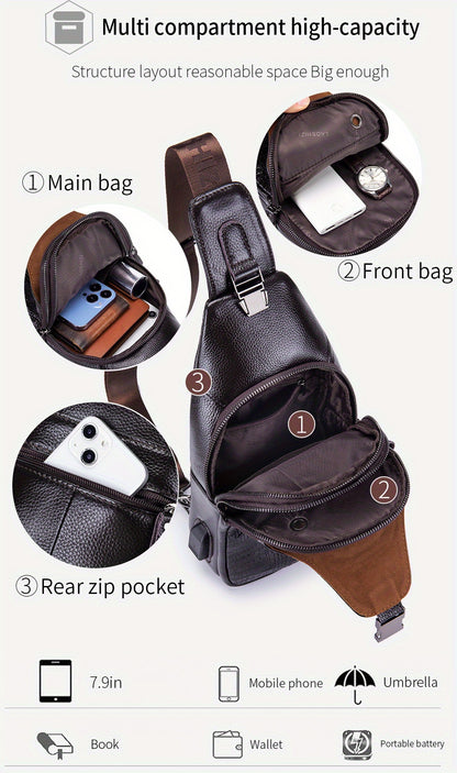 Men's Genuine Leather Crossbody Chest Bag, Top Layer Cowhide Genuine Leather Sling Bag, Large Capacity Double-Layer Chest Bag Shoulder Bag, Perfect for Valentine's Day, Teacher's Day, Back-to-School, Graduation, and Christmas