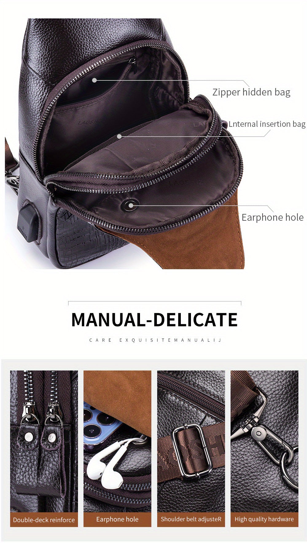 Men's Genuine Leather Crossbody Chest Bag, Top Layer Cowhide Genuine Leather Sling Bag, Large Capacity Double-Layer Chest Bag Shoulder Bag, Perfect for Valentine's Day, Teacher's Day, Back-to-School, Graduation, and Christmas
