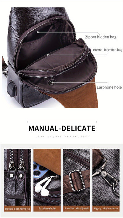Men's Genuine Leather Crossbody Chest Bag, Top Layer Cowhide Genuine Leather Sling Bag, Large Capacity Double-Layer Chest Bag Shoulder Bag, Perfect for Valentine's Day, Teacher's Day, Back-to-School, Graduation, and Christmas