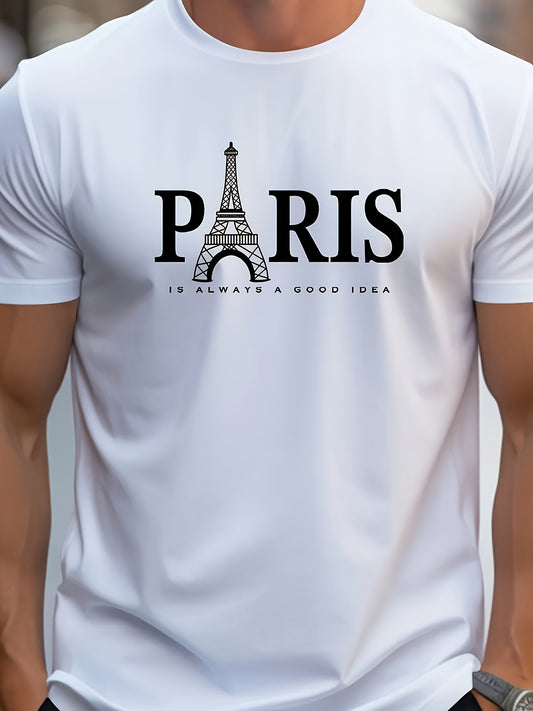 Men's Retro Paris Eiffel Tower & Letter Print T-Shirt - Breathable Polyester Casual Short Sleeve Round Neck Tee, Machine Washable Summer Top for Casual Attire, Leisure Outfit, Comfortable Fit Shirt