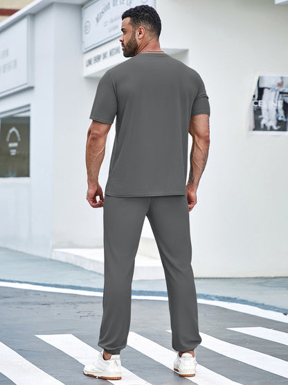 BEACH Men's 3-Piece Casual Sportswear Set, Crew Neck Short Sleeve T-Shirt with Shorts and Long Pants, Versatile Simple Breathable Summer Outfits, Knit Fabric Regular Fit, 100% Polyester Material, Casual Style Lash Sets, Sligh