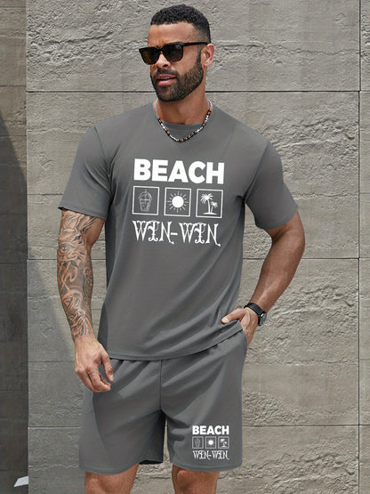BEACH Men's 3-Piece Casual Sportswear Set, Crew Neck Short Sleeve T-Shirt with Shorts and Long Pants, Versatile Simple Breathable Summer Outfits, Knit Fabric Regular Fit, 100% Polyester Material, Casual Style Lash Sets, Sligh