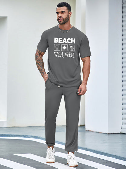 BEACH Men's 3-Piece Casual Sportswear Set, Crew Neck Short Sleeve T-Shirt with Shorts and Long Pants, Versatile Simple Breathable Summer Outfits, Knit Fabric Regular Fit, 100% Polyester Material, Casual Style Lash Sets, Sligh