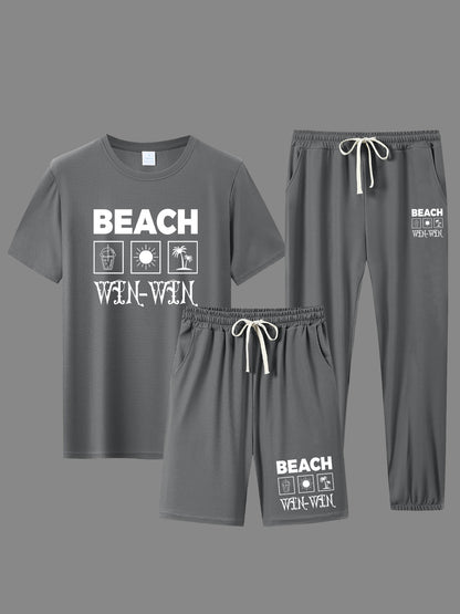 BEACH Men's 3-Piece Casual Sportswear Set, Crew Neck Short Sleeve T-Shirt with Shorts and Long Pants, Versatile Simple Breathable Summer Outfits, Knit Fabric Regular Fit, 100% Polyester Material, Casual Style Lash Sets, Sligh