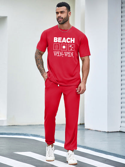 BEACH Men's 3-Piece Casual Sportswear Set, Crew Neck Short Sleeve T-Shirt with Shorts and Long Pants, Versatile Simple Breathable Summer Outfits, Knit Fabric Regular Fit, 100% Polyester Material, Casual Style Lash Sets, Sligh
