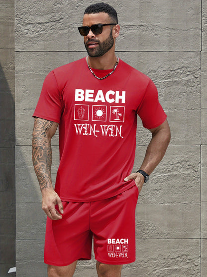BEACH Men's 3-Piece Casual Sportswear Set, Crew Neck Short Sleeve T-Shirt with Shorts and Long Pants, Versatile Simple Breathable Summer Outfits, Knit Fabric Regular Fit, 100% Polyester Material, Casual Style Lash Sets, Sligh