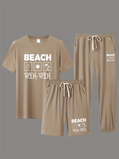 BEACH Men's 3-Piece Casual Sportswear Set, Crew Neck Short Sleeve T-Shirt with Shorts and Long Pants, Versatile Simple Breathable Summer Outfits, Knit Fabric Regular Fit, 100% Polyester Material, Casual Style Lash Sets, Sligh