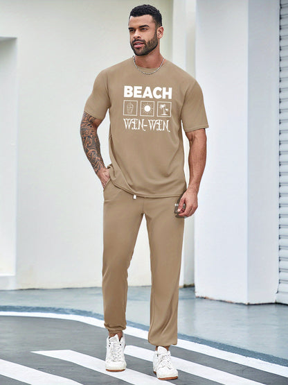 BEACH Men's 3-Piece Casual Sportswear Set, Crew Neck Short Sleeve T-Shirt with Shorts and Long Pants, Versatile Simple Breathable Summer Outfits, Knit Fabric Regular Fit, 100% Polyester Material, Casual Style Lash Sets, Sligh