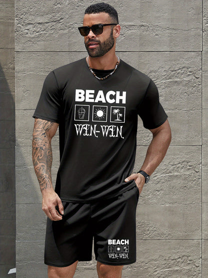 BEACH Men's 3-Piece Casual Sportswear Set, Crew Neck Short Sleeve T-Shirt with Shorts and Long Pants, Versatile Simple Breathable Summer Outfits, Knit Fabric Regular Fit, 100% Polyester Material, Casual Style Lash Sets, Sligh