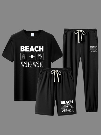 BEACH Men's 3-Piece Casual Sportswear Set, Crew Neck Short Sleeve T-Shirt with Shorts and Long Pants, Versatile Simple Breathable Summer Outfits, Knit Fabric Regular Fit, 100% Polyester Material, Casual Style Lash Sets, Sligh