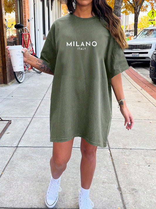 Երկկողմանի Milano Italy Letter Print Crew Neck Tee զգեստ, պատահական կարճաթև ամառային զգեստ կանանց համար, թեթև և հարմարավետ