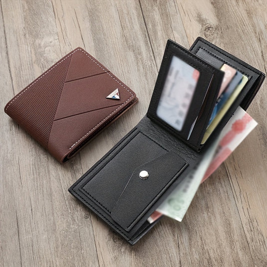 2024 Sleek Men's Faux Leather Wallet - Compact, High-Capacity with Color Block Design, Durable Polyester Lining - Black