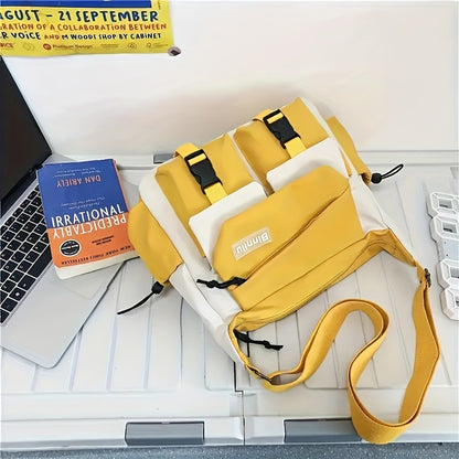 Trendy Nylon Messenger Bag - Casual Japanese-Inspired Shoulder Bag with Adjustable Strap, Large Capacity, Multi-Pocket Design for School & Sports, Blue & White