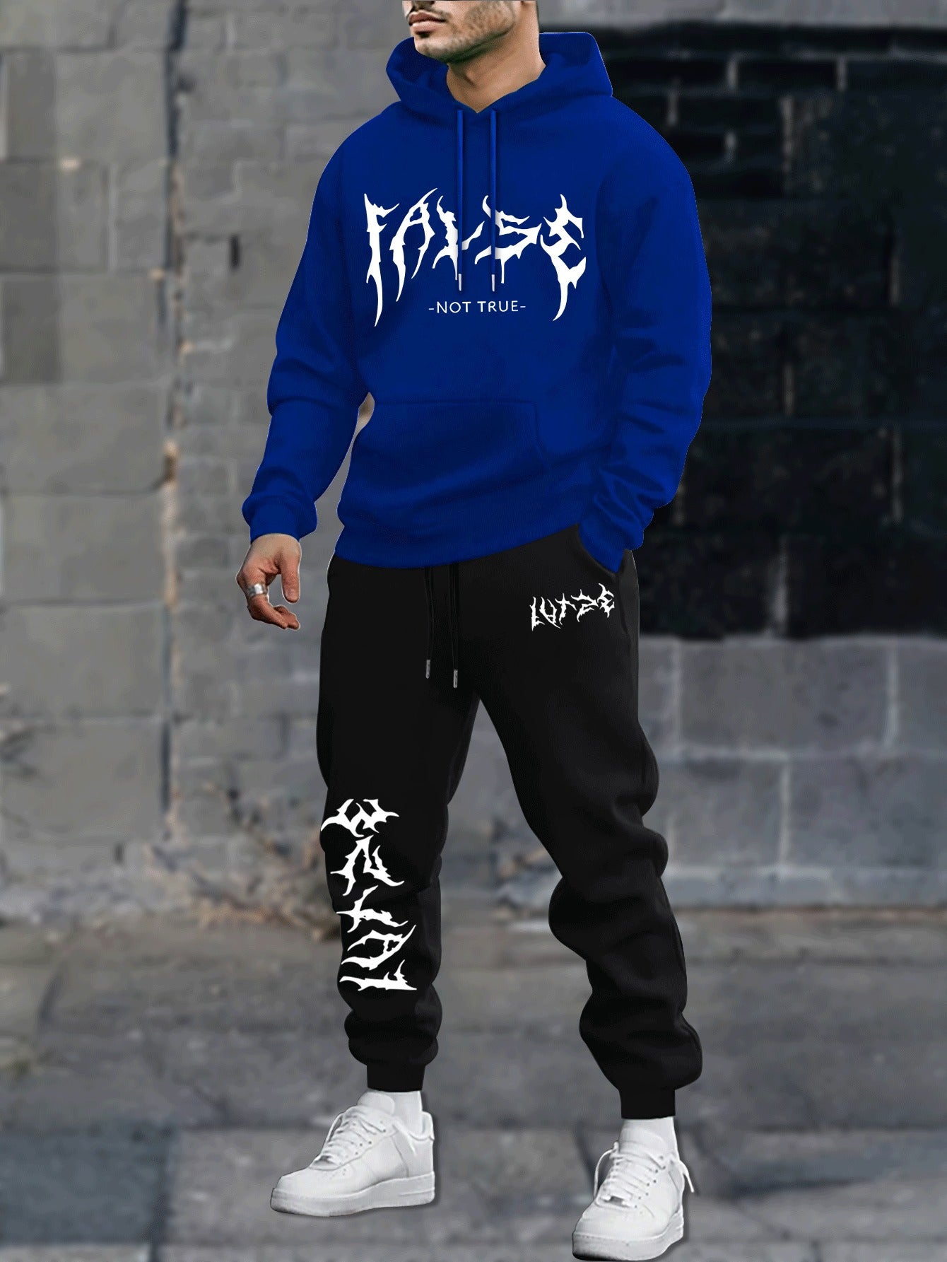 Durable Fabric, Men's Casual Sporty Hoodie and Jogger Set - Trendy Geometric Print, Blue and Black, Polyester Blend, Machine Washable, Perfect for Fall/Winter