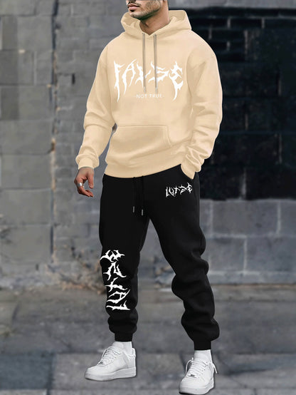 Durable Fabric, Men's Casual Sporty Hoodie and Jogger Set - Trendy Geometric Print, Blue and Black, Polyester Blend, Machine Washable, Perfect for Fall/Winter