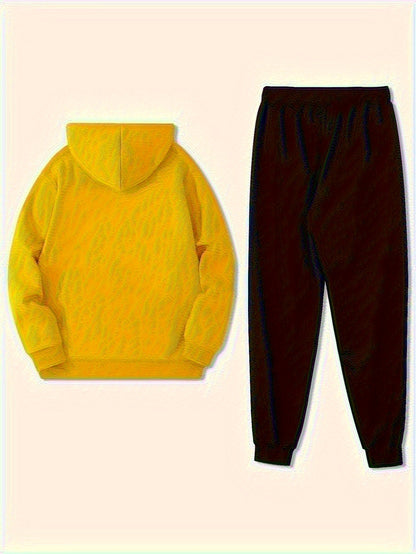 Durable Fabric, Men's Casual Sporty Hoodie and Jogger Set - Trendy Geometric Print, Blue and Black, Polyester Blend, Machine Washable, Perfect for Fall/Winter