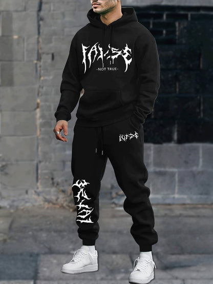 Durable Fabric, Men's Casual Sporty Hoodie and Jogger Set - Trendy Geometric Print, Blue and Black, Polyester Blend, Machine Washable, Perfect for Fall/Winter