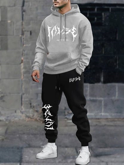 Durable Fabric, Men's Casual Sporty Hoodie and Jogger Set - Trendy Geometric Print, Blue and Black, Polyester Blend, Machine Washable, Perfect for Fall/Winter
