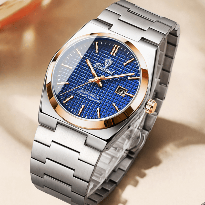 Binbond Luxury Men's Quartz Watch - Stylish Blue Dial, Rose Golden Accents, Waterproof Stainless Steel Band, Calendar Feature, Fashionable Business Design, Formal Accessory | Modern Quartz Watch | Rose Golden Details