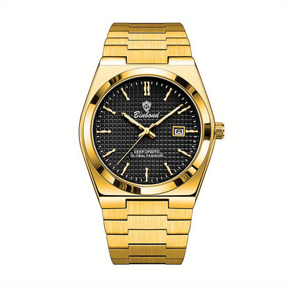 Binbond Luxury Men's Quartz Watch - Stylish Blue Dial, Rose Golden Accents, Waterproof Stainless Steel Band, Calendar Feature, Fashionable Business Design, Formal Accessory | Modern Quartz Watch | Rose Golden Details