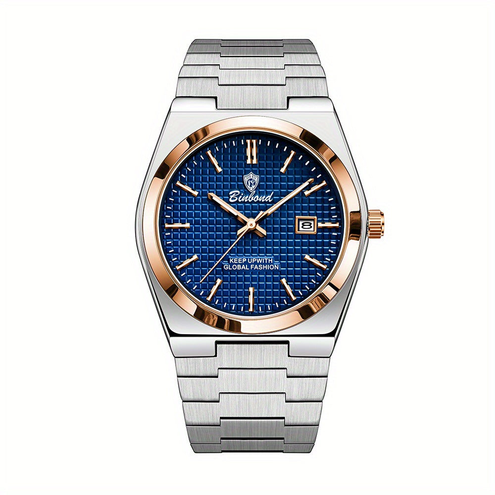 Binbond Luxury Men's Quartz Watch - Stylish Blue Dial, Rose Golden Accents, Waterproof Stainless Steel Band, Calendar Feature, Fashionable Business Design, Formal Accessory | Modern Quartz Watch | Rose Golden Details