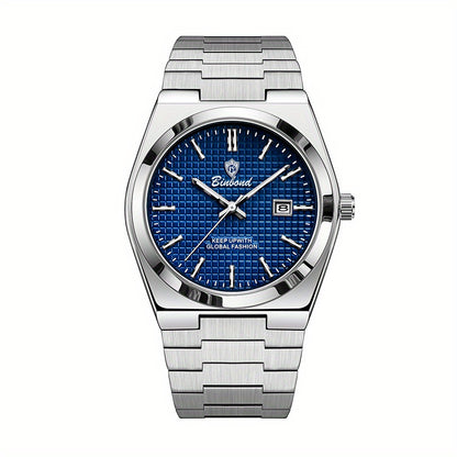 Binbond Luxury Men's Quartz Watch - Stylish Blue Dial, Rose Golden Accents, Waterproof Stainless Steel Band, Calendar Feature, Fashionable Business Design, Formal Accessory | Modern Quartz Watch | Rose Golden Details