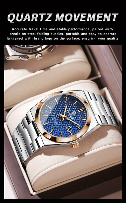 Binbond Luxury Men's Quartz Watch - Stylish Blue Dial, Rose Golden Accents, Waterproof Stainless Steel Band, Calendar Feature, Fashionable Business Design, Formal Accessory | Modern Quartz Watch | Rose Golden Details