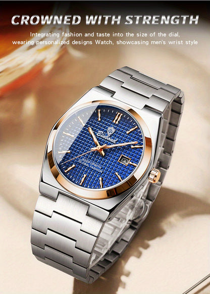 Binbond Luxury Men's Quartz Watch - Stylish Blue Dial, Rose Golden Accents, Waterproof Stainless Steel Band, Calendar Feature, Fashionable Business Design, Formal Accessory | Modern Quartz Watch | Rose Golden Details