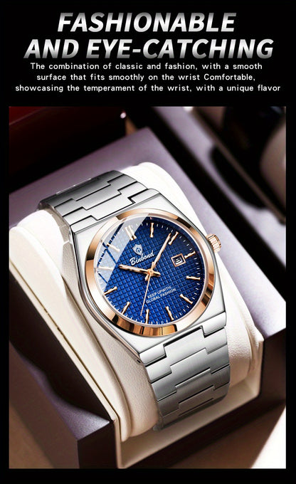 Binbond Luxury Men's Quartz Watch - Stylish Blue Dial, Rose Golden Accents, Waterproof Stainless Steel Band, Calendar Feature, Fashionable Business Design, Formal Accessory | Modern Quartz Watch | Rose Golden Details