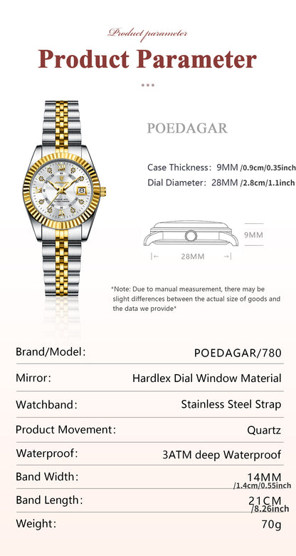 POEDAGAR Luxury Elegant Watch for Women Luminous Date Ladies Watch Stainless Steel Quartz Women's Watches Reloj