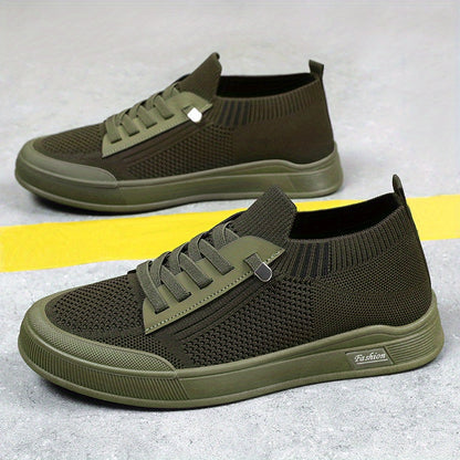 1 Pair ADO STAP Men's Slip-On Sneakers with Elastic Lace-Up Closure, Woven Mesh Upper & Soft PVC Sole - Breathable Casual Shoes for Outdoor Walking, Travel, Daily Wear (Black/Grey/Green/Beige), Shoes Sneakers, Travel Footwear