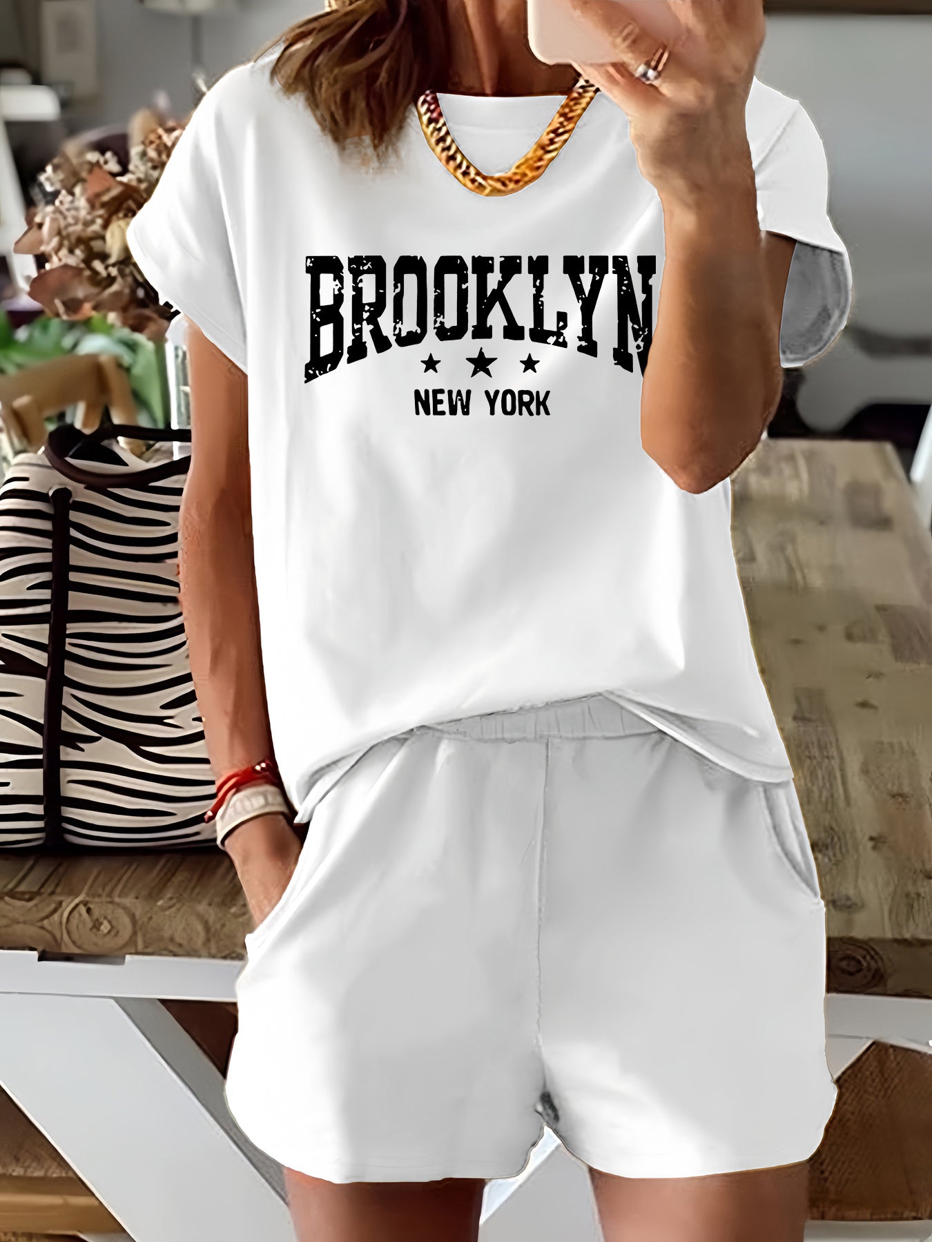 Brooklyn Letter Print Casual T-Shirt & Shorts Set for Women - Stretchy Polyester Blend, Machine Washable