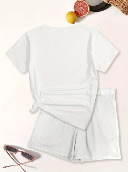 Brooklyn Letter Print Casual T-Shirt & Shorts Set for Women - Stretchy Polyester Blend, Machine Washable