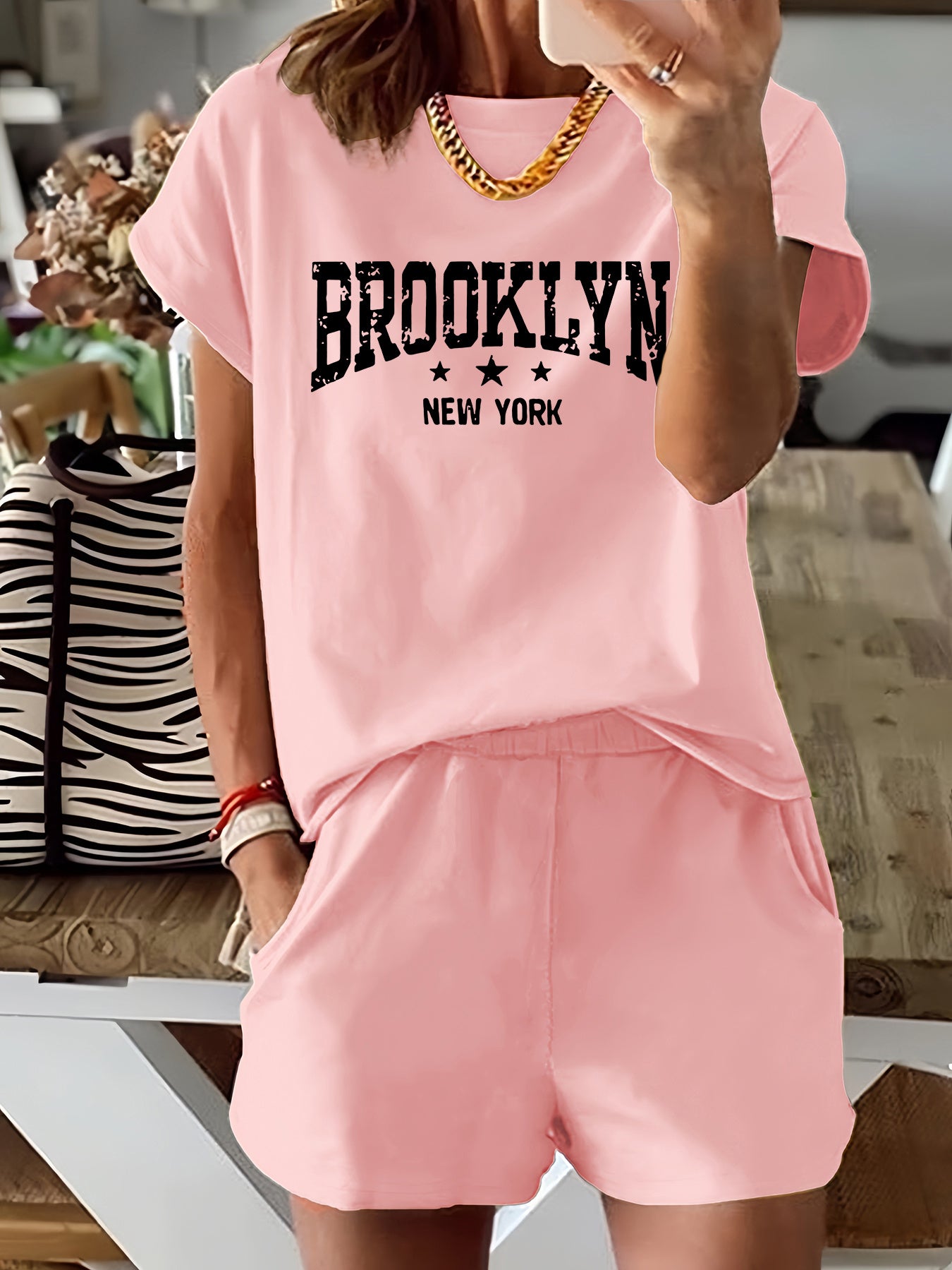 Brooklyn Letter Print Casual T-Shirt & Shorts Set for Women - Stretchy Polyester Blend, Machine Washable