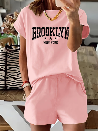 Brooklyn Letter Print Casual T-Shirt & Shorts Set for Women - Stretchy Polyester Blend, Machine Washable