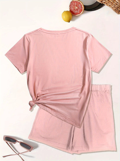 Brooklyn Letter Print Casual T-Shirt & Shorts Set for Women - Stretchy Polyester Blend, Machine Washable