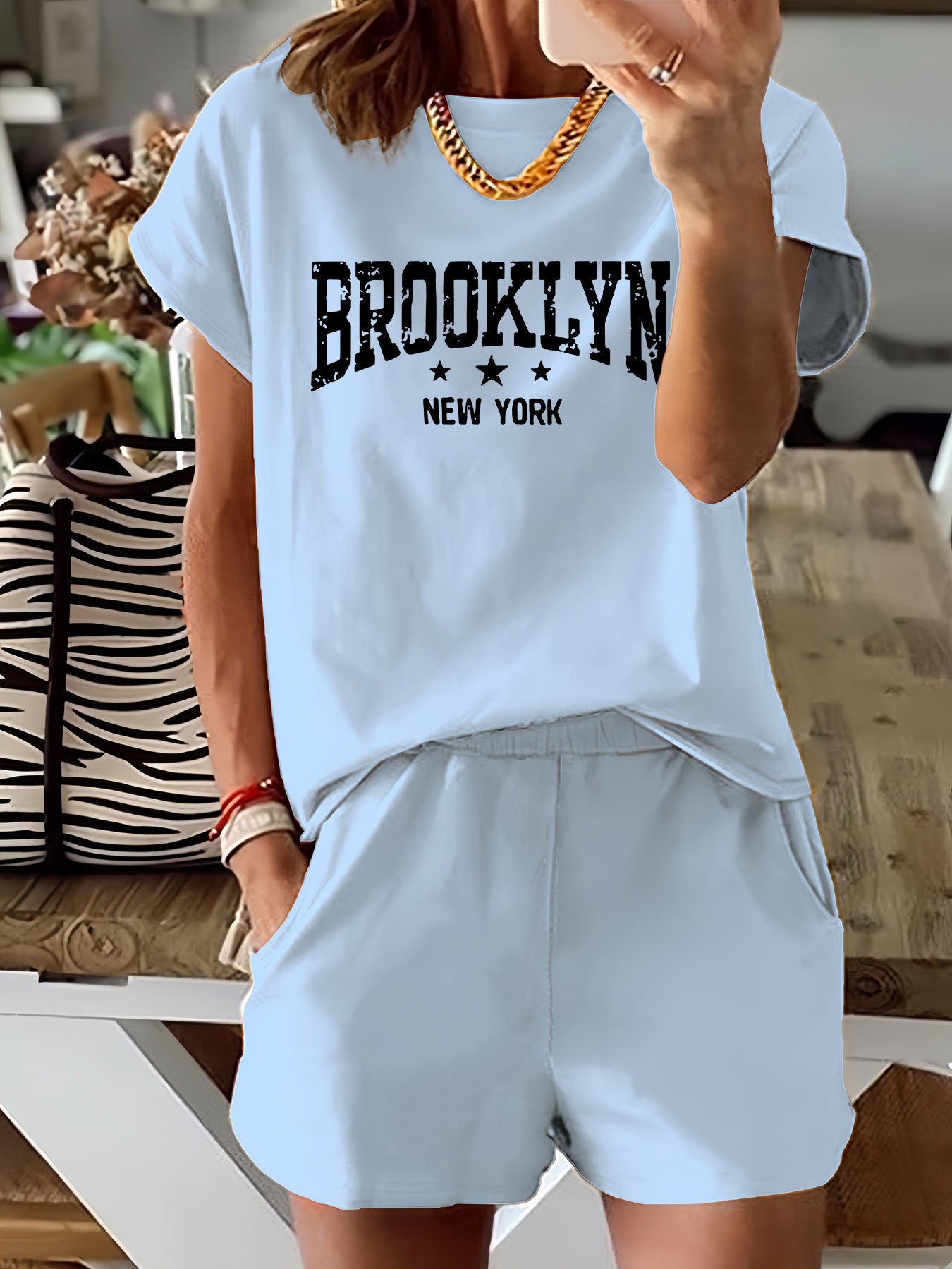 Brooklyn Letter Print Casual T-Shirt & Shorts Set for Women - Stretchy Polyester Blend, Machine Washable