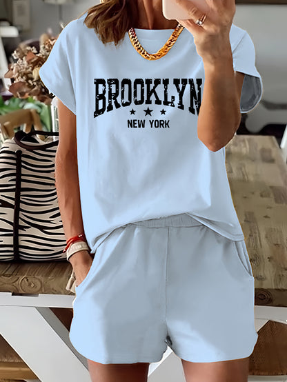 Brooklyn Letter Print Casual T-Shirt & Shorts Set for Women - Stretchy Polyester Blend, Machine Washable