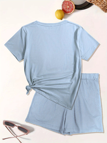 Brooklyn Letter Print Casual T-Shirt & Shorts Set for Women - Stretchy Polyester Blend, Machine Washable
