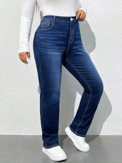 Women'S High-Waisted Straight Leg Jeans, 68.5% 25.7% Polyester 4.3% Viscose 1.5% Elastane, Casual Skinny Fit Denim Pants with Zipper Fly, All-Season Solid Color, 300g/m² Fabric Weight, Long Length - No Belt Required