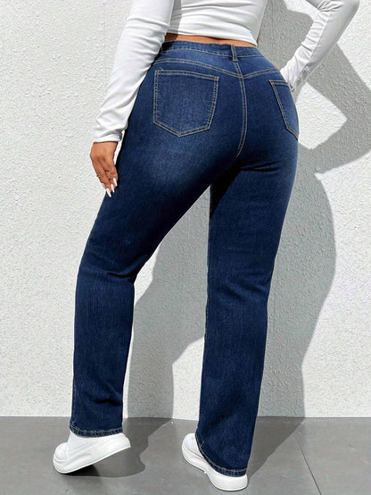 Women'S High-Waisted Straight Leg Jeans, 68.5% 25.7% Polyester 4.3% Viscose 1.5% Elastane, Casual Skinny Fit Denim Pants with Zipper Fly, All-Season Solid Color, 300g/m² Fabric Weight, Long Length - No Belt Required