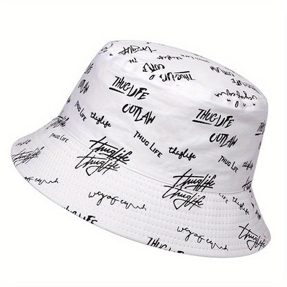 Reversible Men's Bucket Hat with Letter Print - Funky Style, Sun Protection & Versatile for Outdoor Activities, Foldable Sun Hat
