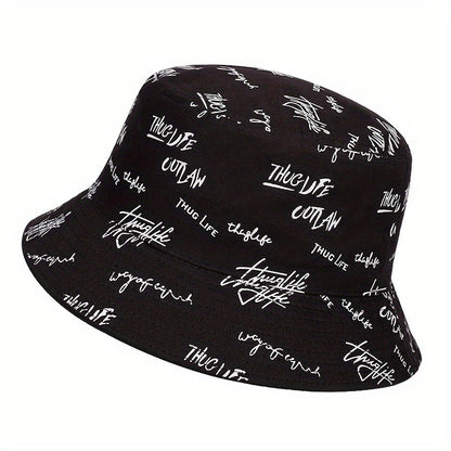 Reversible Men's Bucket Hat with Letter Print - Funky Style, Sun Protection & Versatile for Outdoor Activities, Foldable Sun Hat
