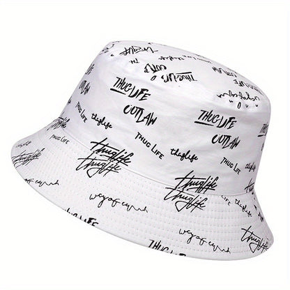 Reversible Men's Bucket Hat with Letter Print - Funky Style, Sun Protection & Versatile for Outdoor Activities, Foldable Sun Hat