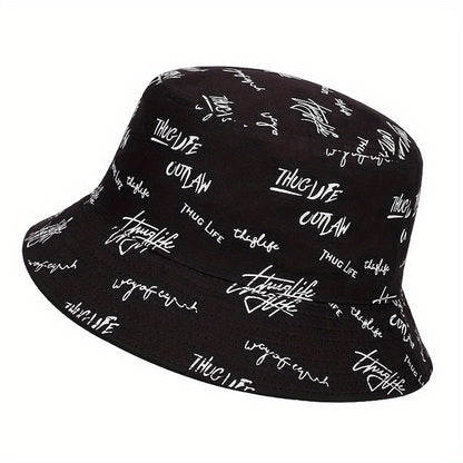 Reversible Men's Bucket Hat with Letter Print - Funky Style, Sun Protection & Versatile for Outdoor Activities, Foldable Sun Hat