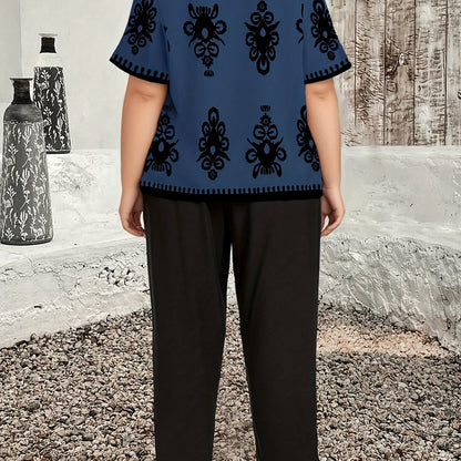 Plus Size Casual Country Print Loose Long Sleeve Pullover and Pants Two-Piece Set, Elegant Autumn Leonie