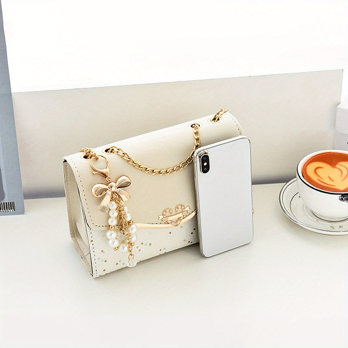 Women's White Crossbody Bag with Golden-Tone Chain Strap, & Bow Charm Accents - Lightweight Clutch Purse for Work, Travel, Beach - Perfect Gift for Christmas, Birthdays, Mother’s Day, Crossbody Purse, Beach Accessory, Decor